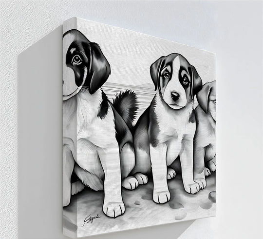 Negative space surrounds the monochrome puppy portrait, enhancing the high quality canvas prints by accentuating the three dogs in a beach scene.