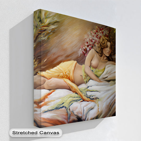 Seamless transition between warm hues defines this sensual canvas artwork, featuring a golden bloom and romantic nude in a large canvas print.
