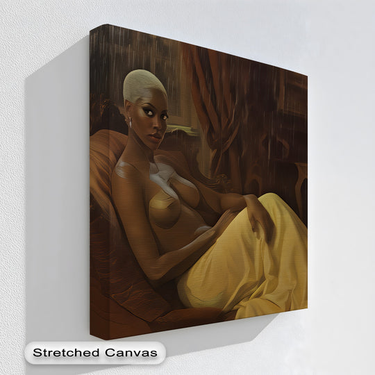 Subtle light and shadow defines the contours in this erotic, dark, and moody 'Velvet Rain' canvas wall decor, highlighting the textures of fabric and skin.