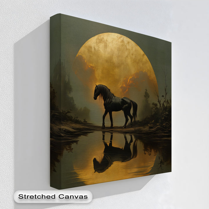 Eclipse Majesty – Black Horse Under a Golden Moon Canvas Print
