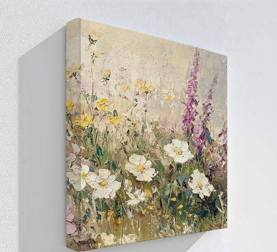 The stillness of the soft petals symphony is captured in this wildflower field canvas artwork, a textured print imbued with gentle, romantic grace.