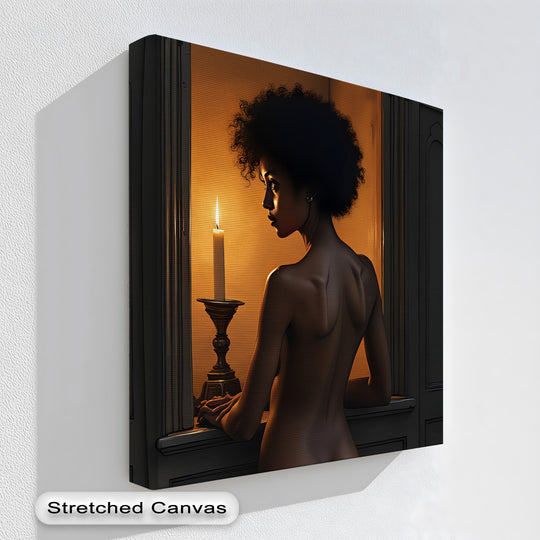Expertly stretched canvas art displays the 'Candlelight Gaze' erotic print, showcasing premium material quality in this framed bedroom canvas art.