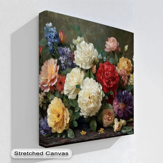 Vintage floral canvas print with colorful roses peonies and lush greenery

