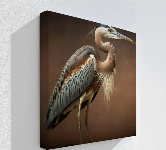 Minimal negative space surrounds the elegant heron in this premium canvas decor, showcasing a stunning bird portrait with earthy tones that draw the eye.