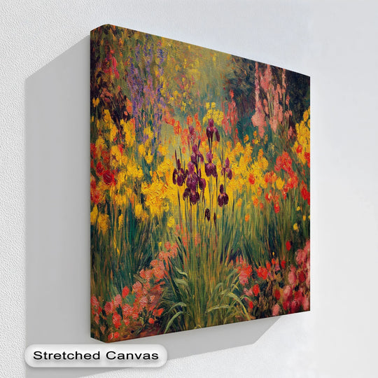 Fine art canvas wall decor featuring a vibrant iris garden is stretched expertly and ready to hang, highlighting the colorful impressionist flower print.