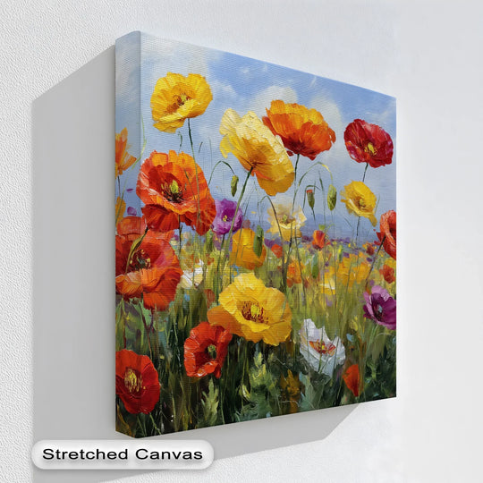 Foreground poppies burst with vibrant color in this 'Meadow Melody' canvas wall art, an immersive depiction of a colorful wildflower field.