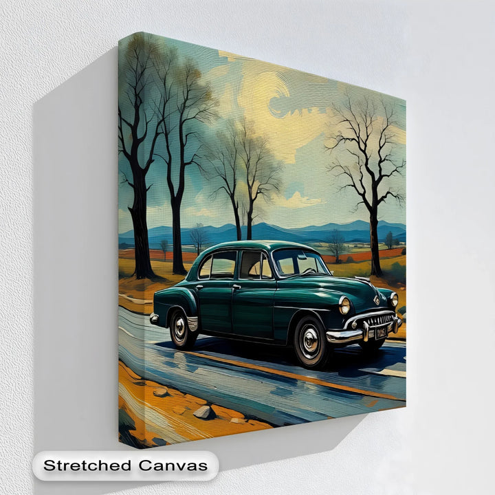 Teal Vintage Sedan on Winding Country Road – Car Canvas Print