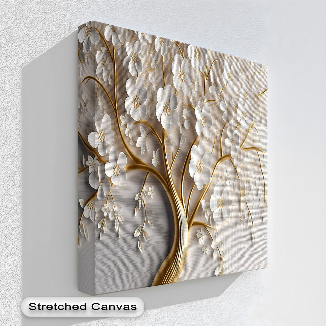 Clean lines and layered forms of white blossoms and golden branches create a striking geometric design on the hanging canvas.
