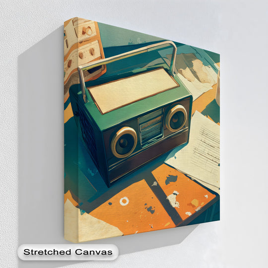 Defined by the darkest area, this studio break retro desk radio big canvas prints artfully displays the vintage radio on a desk with music sheets.