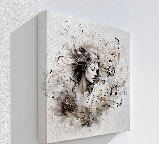 Layers of depth are visible in this hanging canvas art print featuring an abstract woman and musical notes, creating a captivating, multi-dimensional effect.