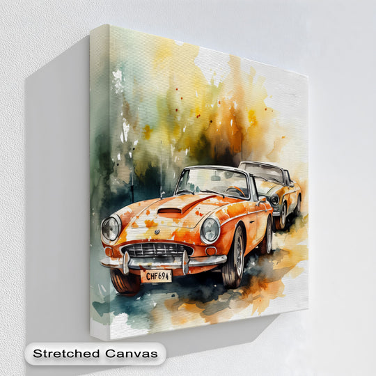 Vibrant orange convertible classic cars command attention as the loudest element in this stunning watercolor canvas painting, a dynamic addition to any car lover's collection.