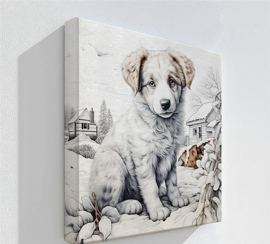 Fluffy Puppy in a Snowy Cabin Landscape - Puppies Canvas Print - MyPhotoStation