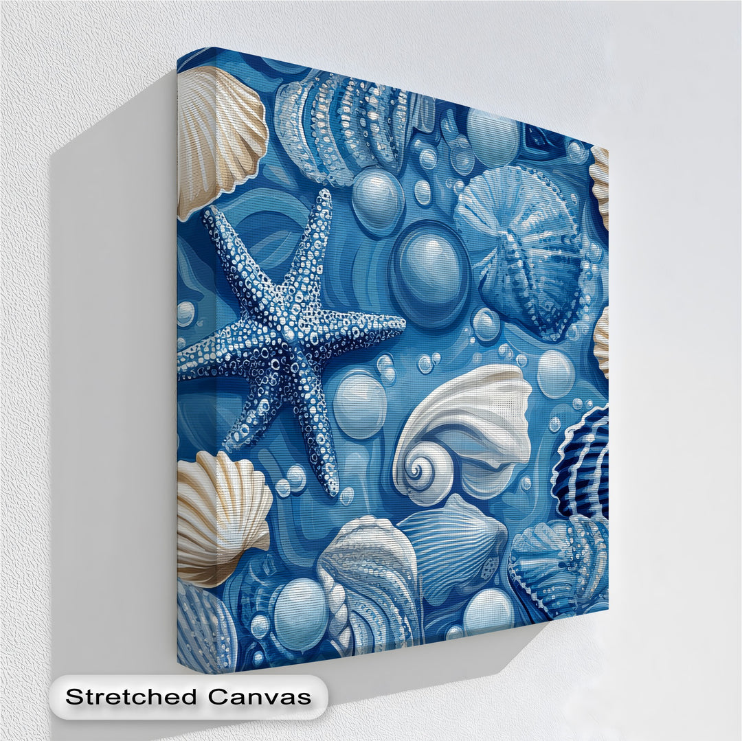 Bring oceanic elegance to your walls with this vibrant coastal canvas wall art featuring blue seashells and starfish—perfect for beach lovers and nautical interiors.

