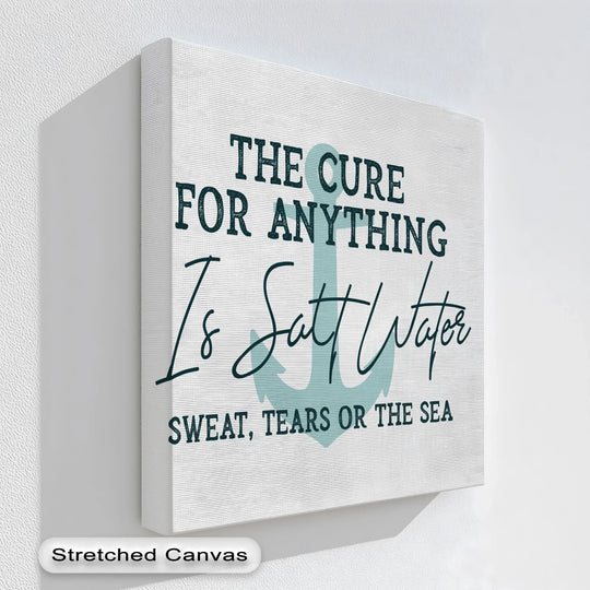 Textured off-white wall forms the background for the stretched canvas saltwater heals nautical quote best canvas prints.