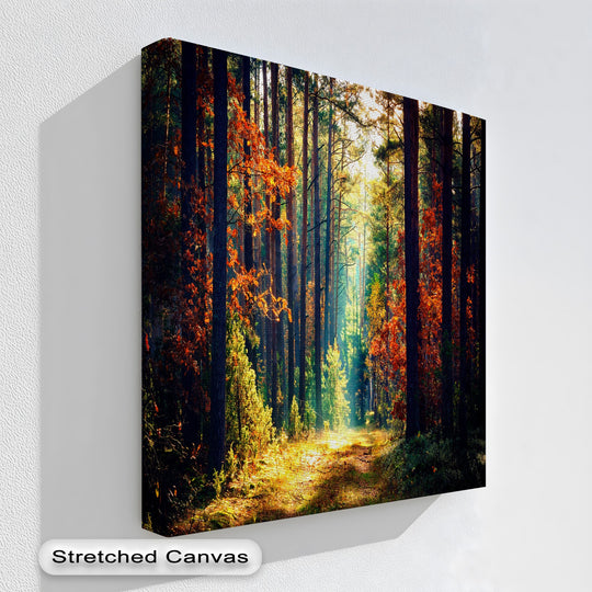 Vibrant orange and golden light beautifully illuminate a peaceful autumn forest path, presented as a captivating canvas art.