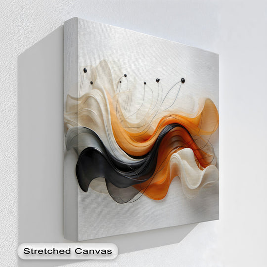Organic, flowing ribbons of orange, black, and cream create a mesmerizing modern abstract canvas artwork, enhanced by delicate linear details.