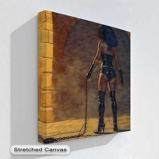 Golden hues dominate this 'Dungeon Desire' erotic canvas wall art, making it one of the best canvas prints for adding a dramatic touch to your space.