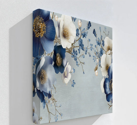 Geometric floral fantasy meets framed canvas elegance with this canvas print featuring sharp lines, petal symmetry, and pearl accents in ivory and blue.