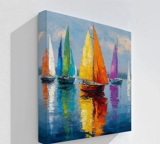 Organic forms ripple and reflect, creating a vivid and unique canvas print of colorful sailboats on water, bringing a dynamic nautical feel.