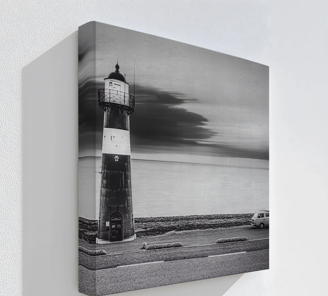 Coastal Silence – black and white lighthouse canvas print.

