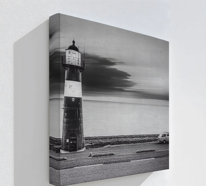 Coastal Silence – black and white lighthouse canvas print.

