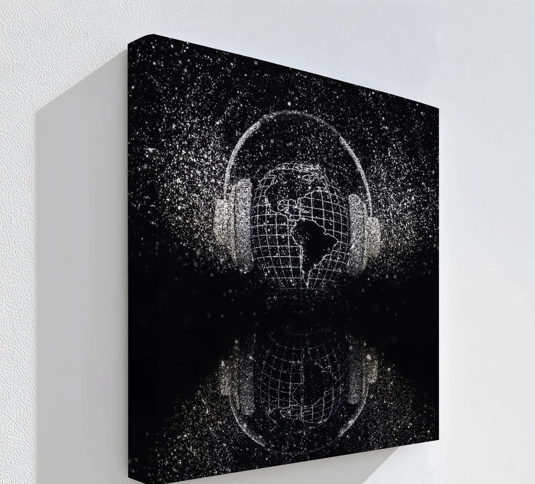 Global Vibes – digital world map canvas with headphones.

