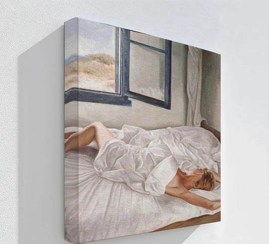 Sunlit morning scene depicted in the high quality canvas prints shows a nude figure in white sheets by the window, capturing the focal point of serene awakening.