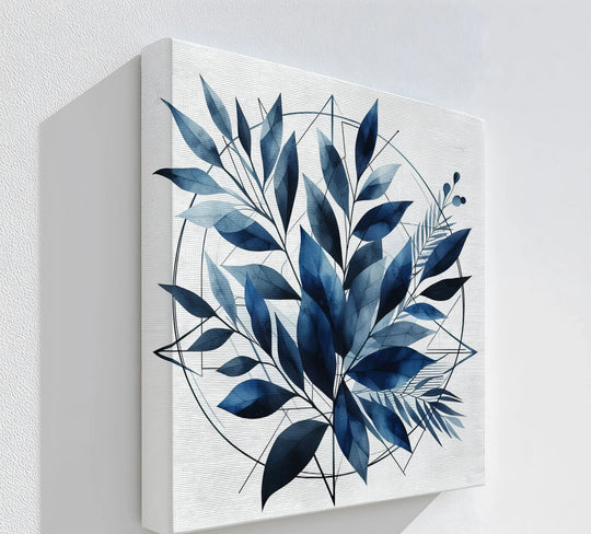 Negative space accentuates the deep blue leaves of this geometric botanical harmony canvas art, creating captivating shapes within the canvas art design.