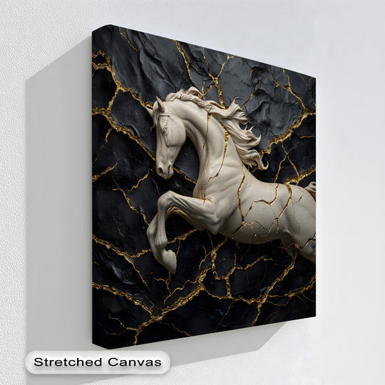 Featuring a balanced color temperature, this high quality canvas prints highlights a white horse with gold cracks against a deep black background.