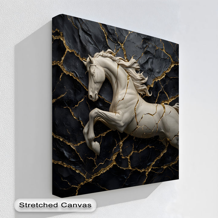 Featuring a balanced color temperature, this high quality canvas prints highlights a white horse with gold cracks against a deep black background.
