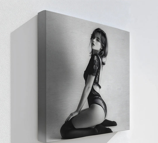 Crisp edges and refined borders showcase the monochrome allure of a sensual, black lace-themed canvas pictures print on a fine art canvas print.