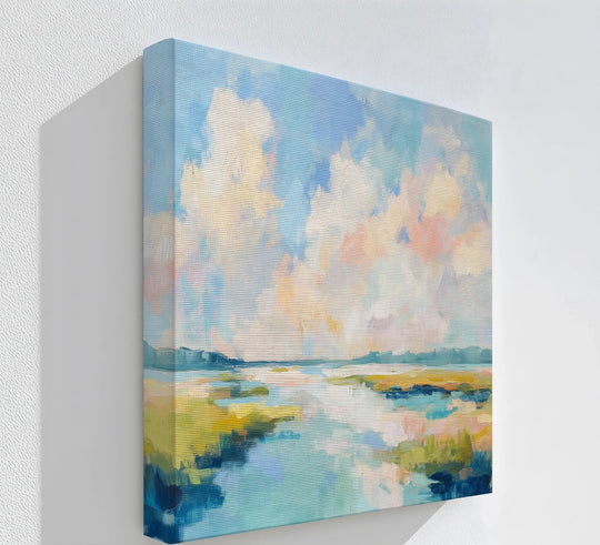 Woven surface texture of this abstract landscape canvas painting reveals the subtle details in the 'Sunlit Marsh Serenity' impressionist canvas print.