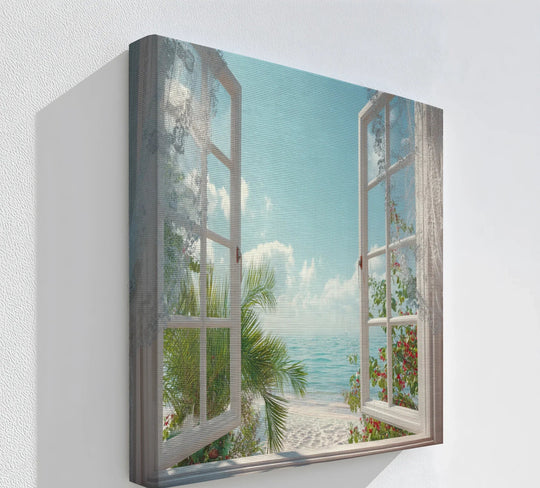 Shadow beneath the left edge of this canvas art reveals the depth of the Ocean View Through Lace Window, a coastal canvas art print bringing the beach to your space.