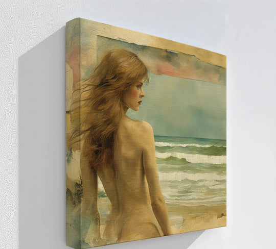 Gradual color transitions define this canvas painting print of a nude seascape, where the horizon blends from stormy grey to a soft, blush sunset sky.