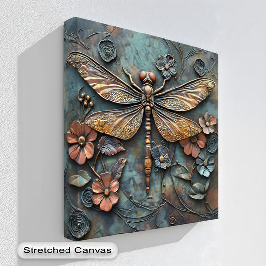 The geometric segments of the metallic dragonfly's body and the intricate, grid-like patterns on its wings define this high quality canvas prints.