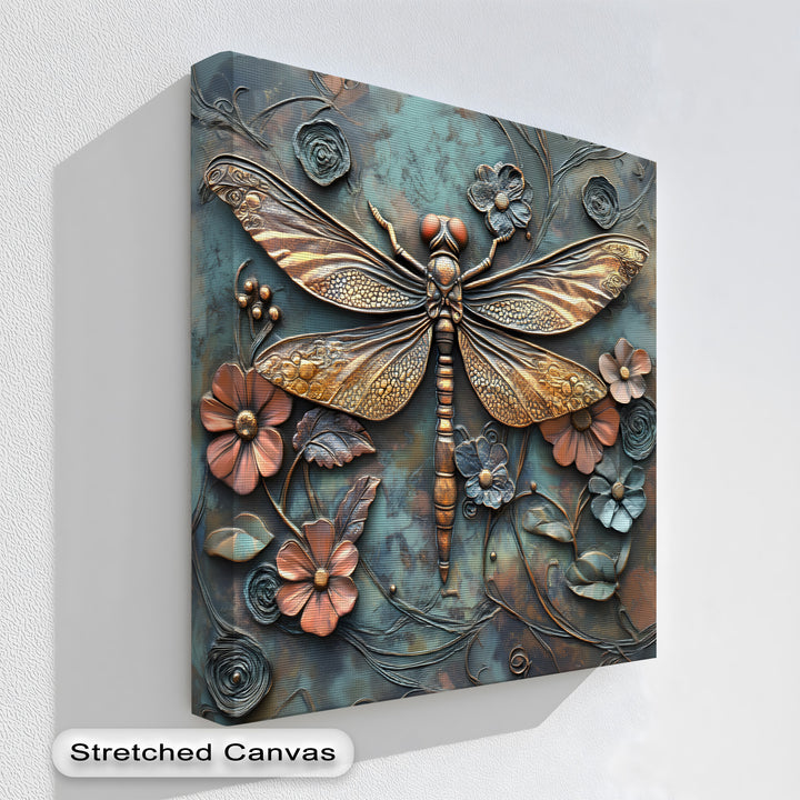 The geometric segments of the metallic dragonfly's body and the intricate, grid-like patterns on its wings define this high quality canvas prints.