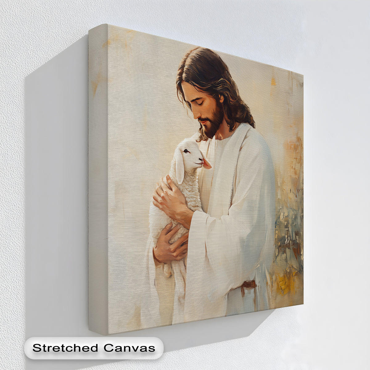 Jesus, the central subject of this inspiring canvas print, holds a gentle lamb in a heartwarming display of divine love, perfect for Christian canvas wall decor.