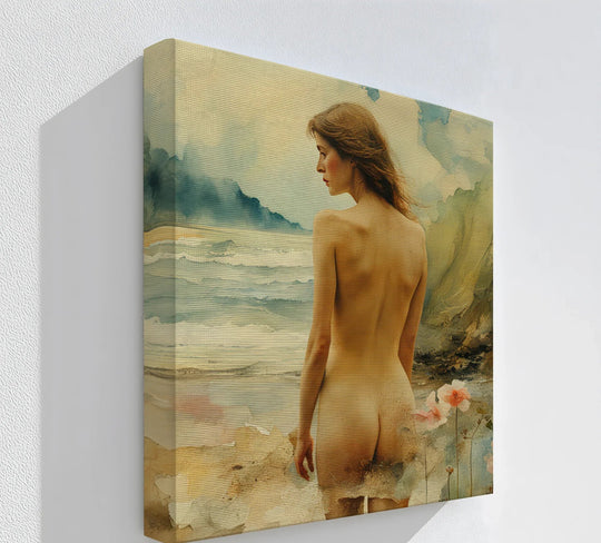 Subtle color saturation enhances the dreamy seascape backdrop of this beautiful nude figure in our canvas art prints, 'Whispers of the Shore' canvas print.
