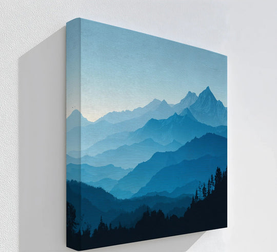 The stillness of the layered, deep blue mountains is captured in this tranquil blue horizons canvas painting, offering a serene landscape wall art.