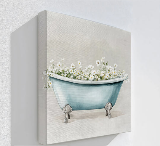 Blooming Bath – Blue Tub with White Flowers Canvas Print - MyPhotoStation