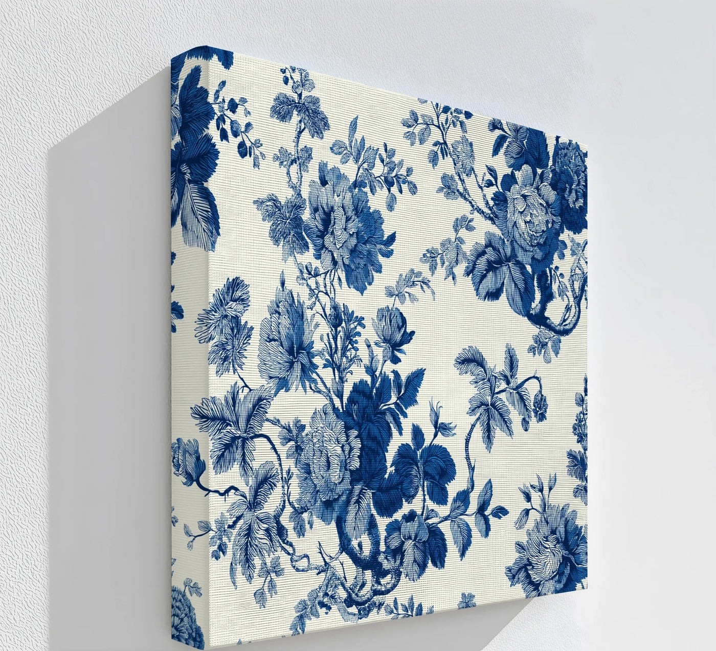 Blooming indigo floral accents define the loudest element of this Vintage Indigo Blooms – Blue Floral Pattern canvas painting, creating a striking botanical canvas print.