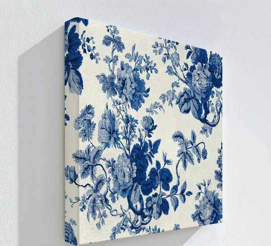 Blooming indigo floral accents define the loudest element of this Vintage Indigo Blooms – Blue Floral Pattern canvas painting, creating a striking botanical canvas print.