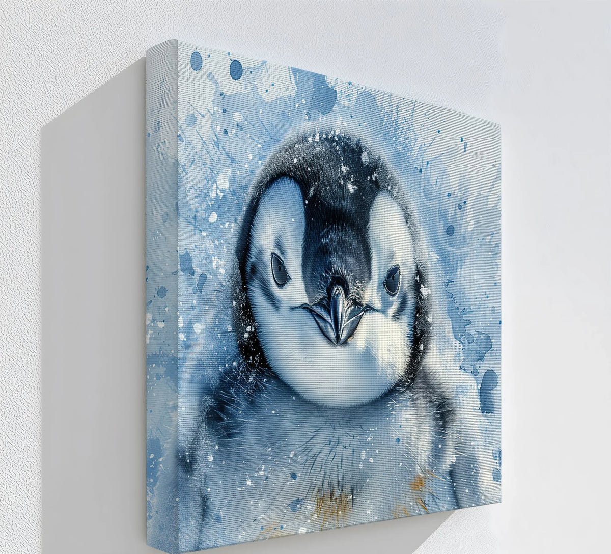 Watercolor baby penguin canvas print in cool blue tones