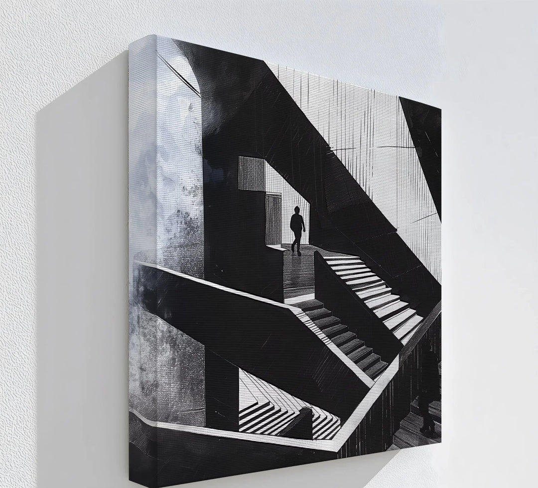 Escher Echoes – black and white staircase wall art for modern spaces.

