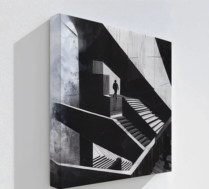 Escher Echoes – black and white staircase wall art for modern spaces.

