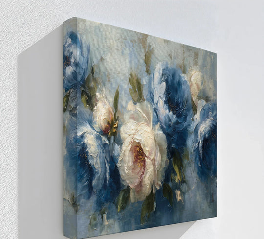 Visual rhythm flows through this romantic floral canvas art featuring textured brushstrokes and a vintage-inspired design of blue and white peonies.