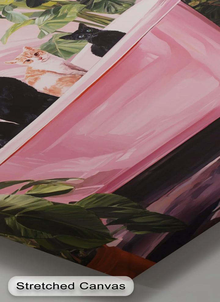 Four Cats in a Pink Bathtub – Playful Botanical Canvas Print - MyPhotoStation