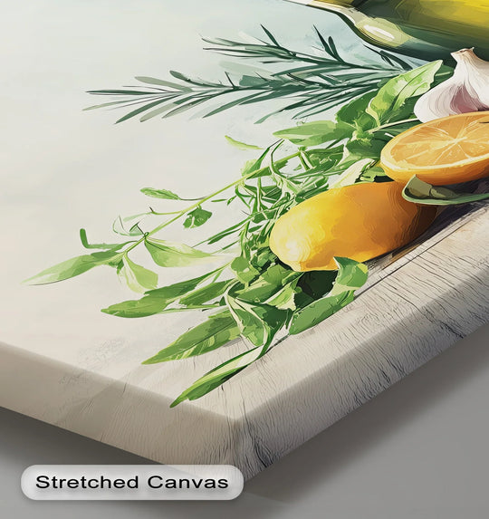 Highlighting the abstract quality, the Essence of the Mediterranean canvas print features a vibrant, close-up array of big canvas prints showcasing olive oil and herbs.