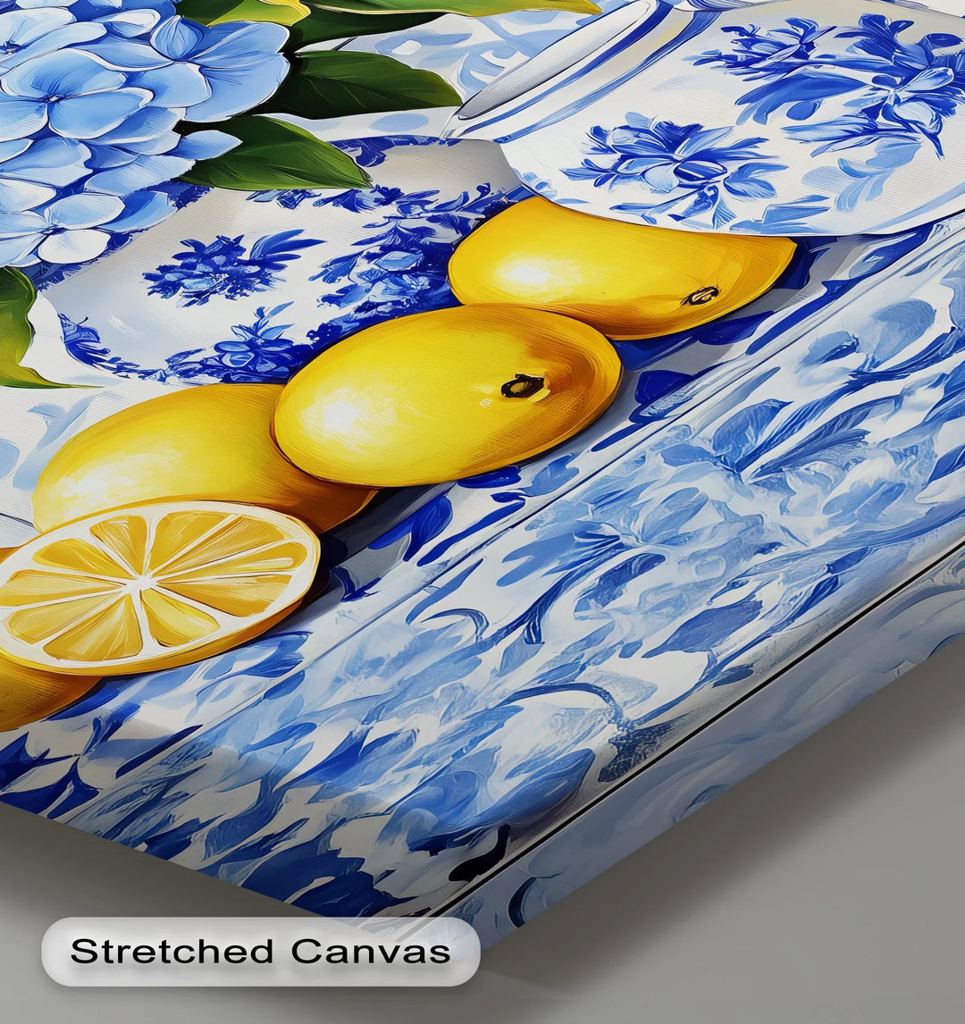 Lemon & Hydrangea Harmony – Blue Tile Floral Kitchen Canvas Print - MyPhotoStation