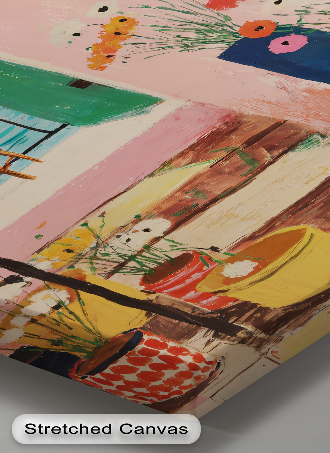 Dominated by shades of pink, this mediterranean doorway canvas wall decor features a coastal balcony view with vibrant floral arrangements.